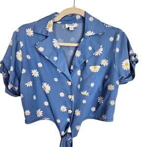 Unique Vintage Womens Daisy Floral Crop Top Sz S  Retro Pin Up Button Tie Front